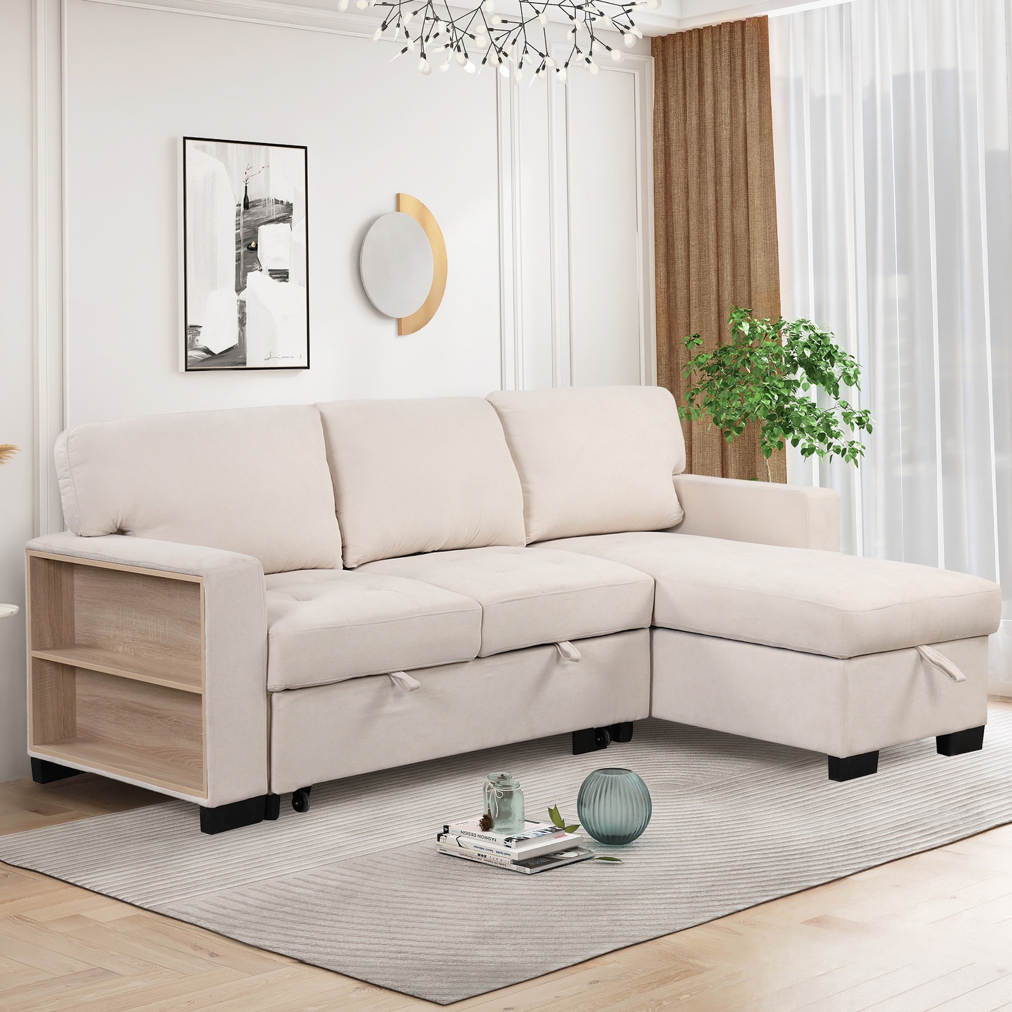 L-Shape Sectional Sofa with Pull-out Sleeper Sofa Bed & USB Charging ...
