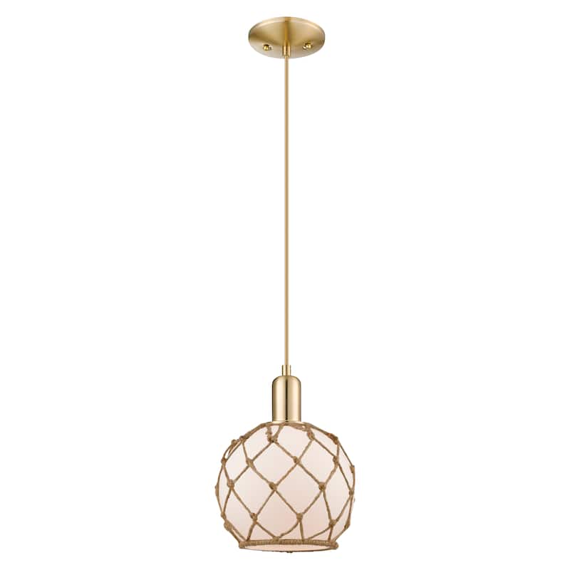Innovations Lighting Endless Possibilities Arcadia - Farmhouse Rope - 1 Light 8" Cord Hung Mini Pendant - White Glass with Brown Rope/Champagne Bronze