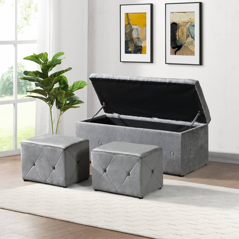 1 Piece Rectangular Storage Ottoman Short Velvet with 2 Set Ottomans