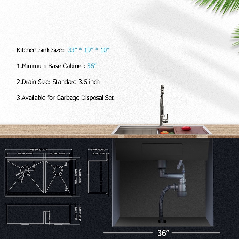 Double Bowl(60/40) Undermount Sink- 33"x19" Double Bowl Kitchen Sink 16 Gauge with Two 10" Deep Basin