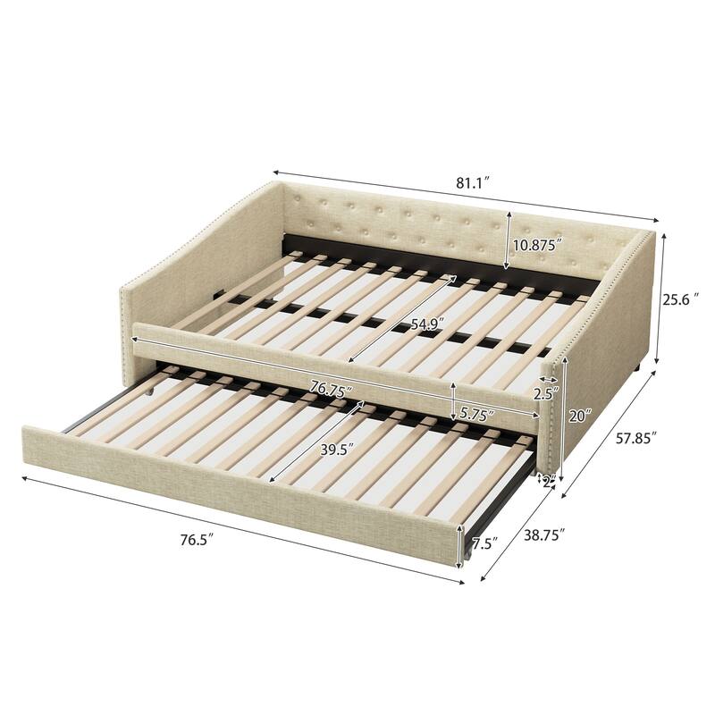 Wooden Frame Upholstered Tufted Daybed with Twin Size Trundle Bed - Classic Design with Copper Nail Details.