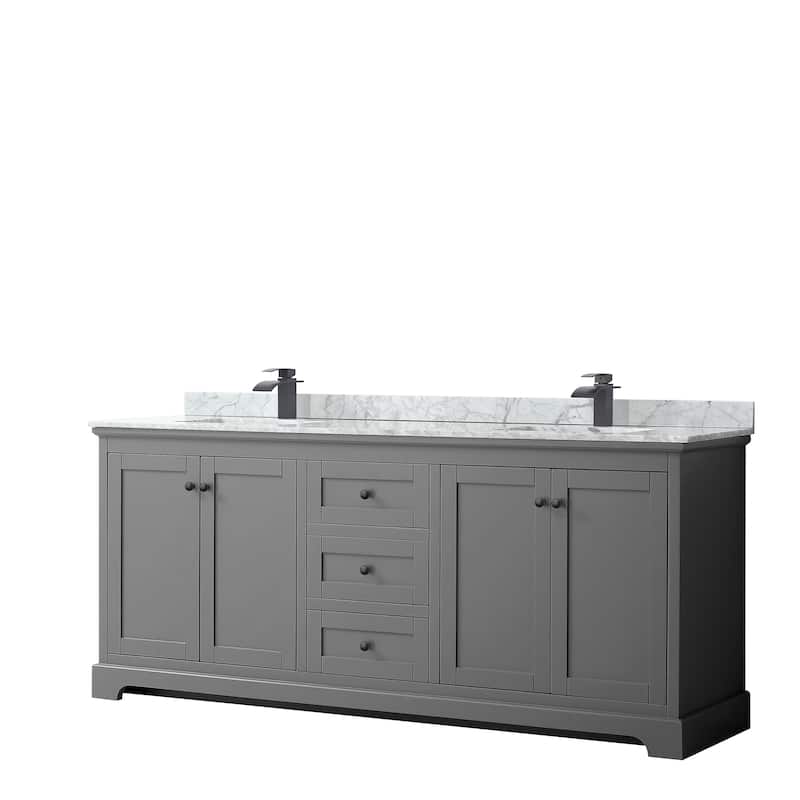 Avery 80-inch Double Vanity, Marble Top, Square Sinks, No Mirror - Dark Gray, Black Trim, White Carrara Marble Top