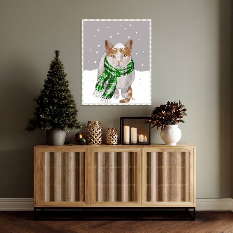White Cat Green Scarf by Fab Funky (23 x 28 in.), Framed Canvas Wall Art Print - Sylvie Beaded White