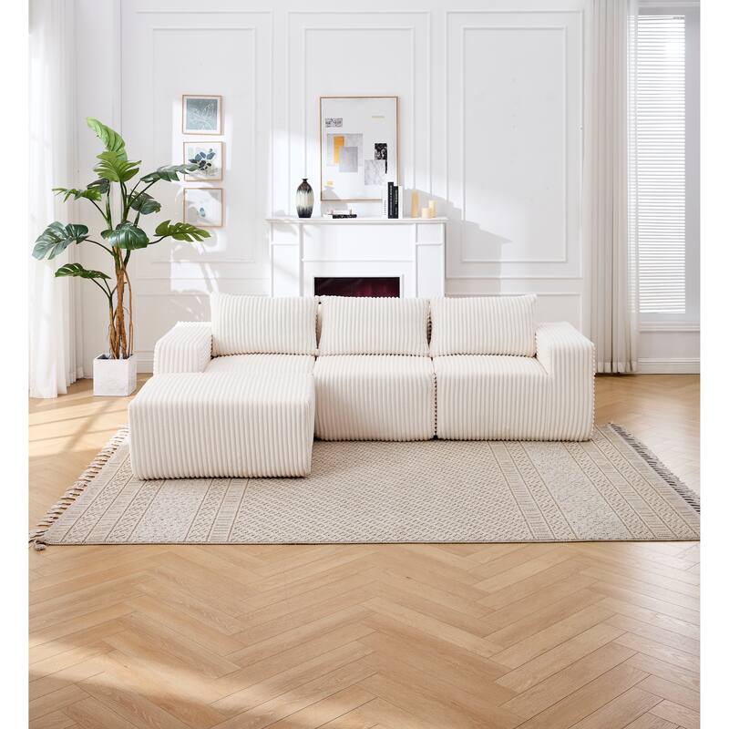 Modern Minimalist Modular Sectional Sofa, L-Shape White Fabric Couch with Deep Seats