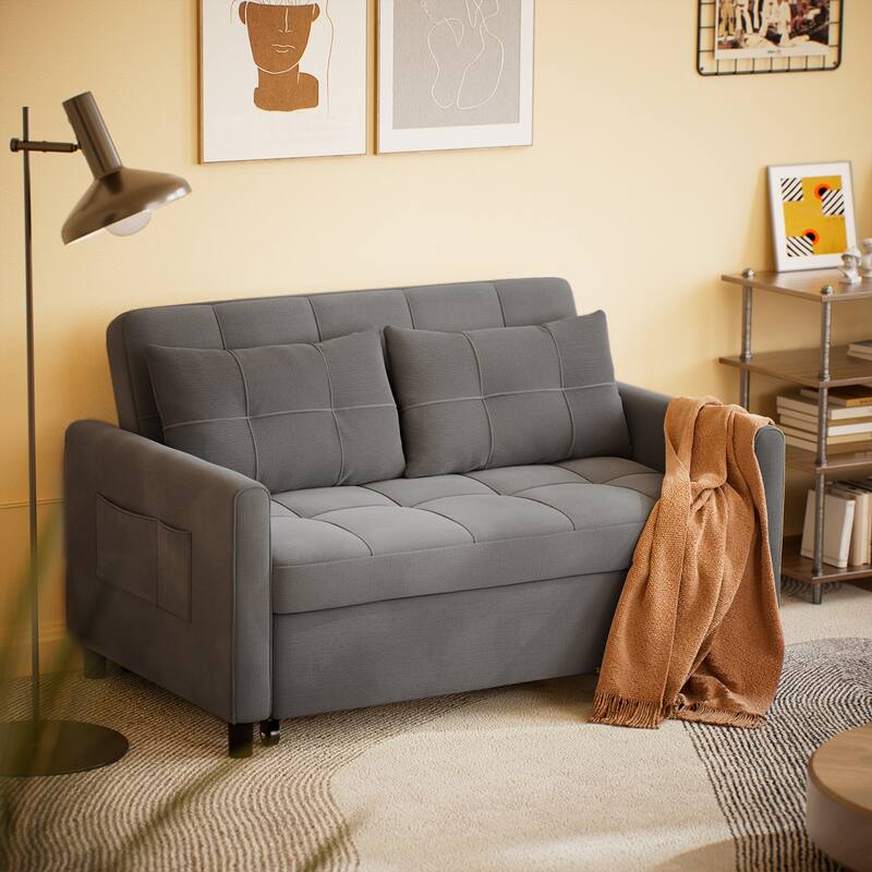 3 in 1 Convertible Sleeper Loveseat Couch, Futon Sofa Bed with Pull-Out Bed & Adjustable Backrest
