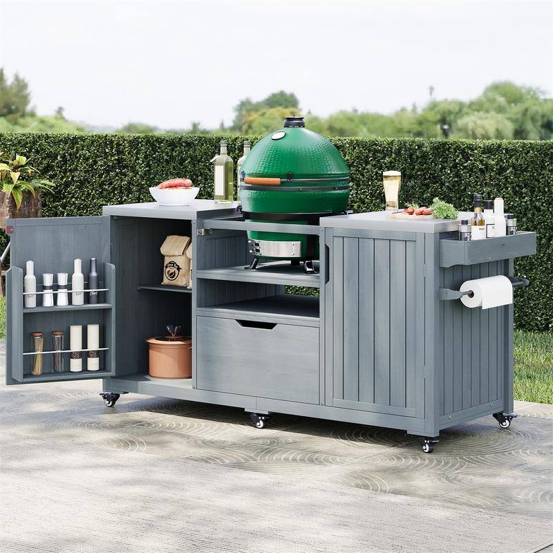Outdoor Kitchen Island for Big Green Egg Grills, Solid Wood Outdoor Grill Cart w/Stainless Steel Top &Drawer, Patio Kitchen Cart - Grey+Blue