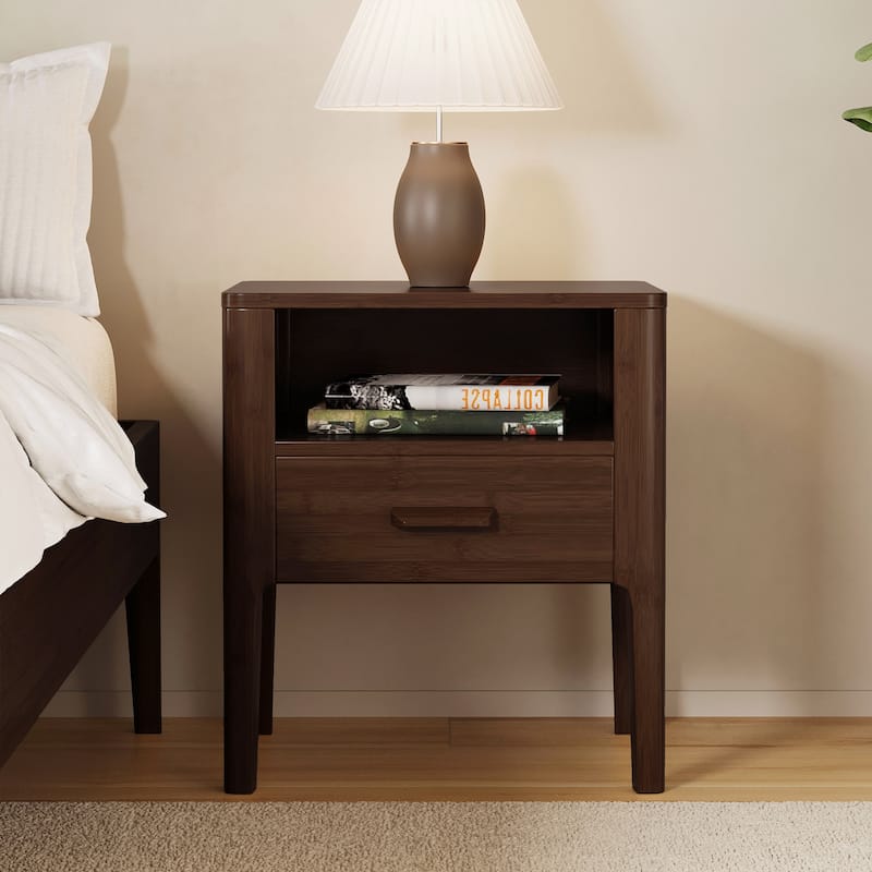GDFStudio - Miri Mid-Century Modern Solid Bamboo Wood Nightstand with Drawer & Open Shelf, Softly Curved Edges Design - Chocolate