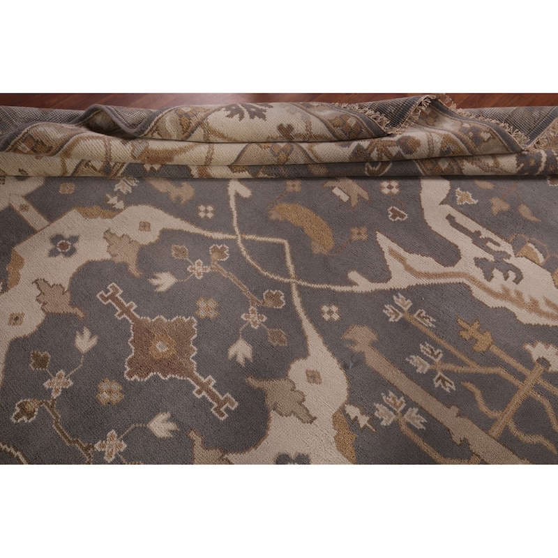 Gray Oushak Indian Rug Hand-Knotted Transitional Floral Wool Carpet - 9'1"x 11'7"