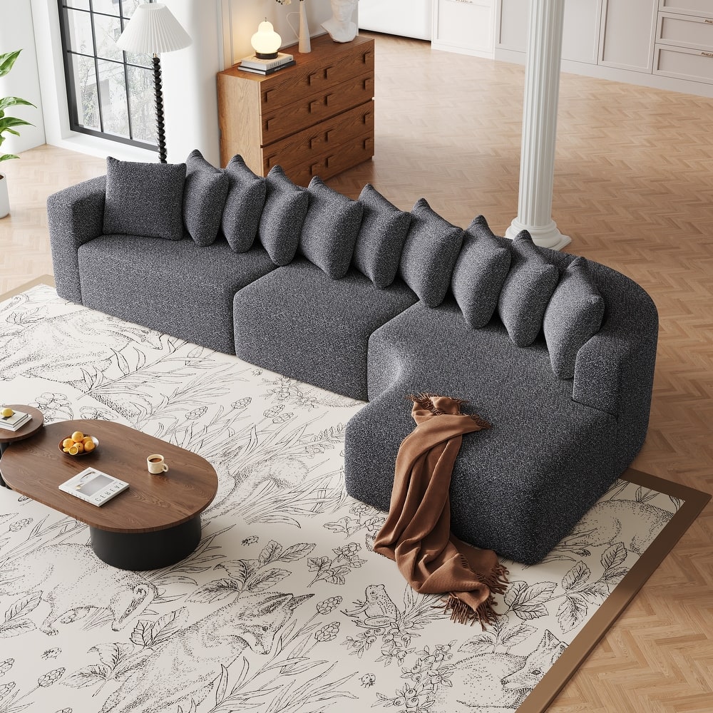 Living Room Chenille Corner Couch Curved Sectional Sofa with Chaise and 10 Pillows, Floor Standing Modular Compressed Sofa