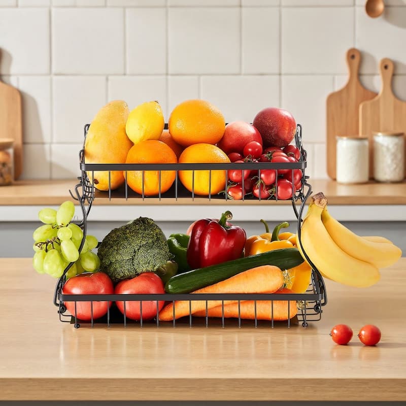 Matte Black Double-Layer Fruit Basket Holder Countertop Storage Organizer for Kitchen Fruits - 15.16” x 9.06” x 9.65”