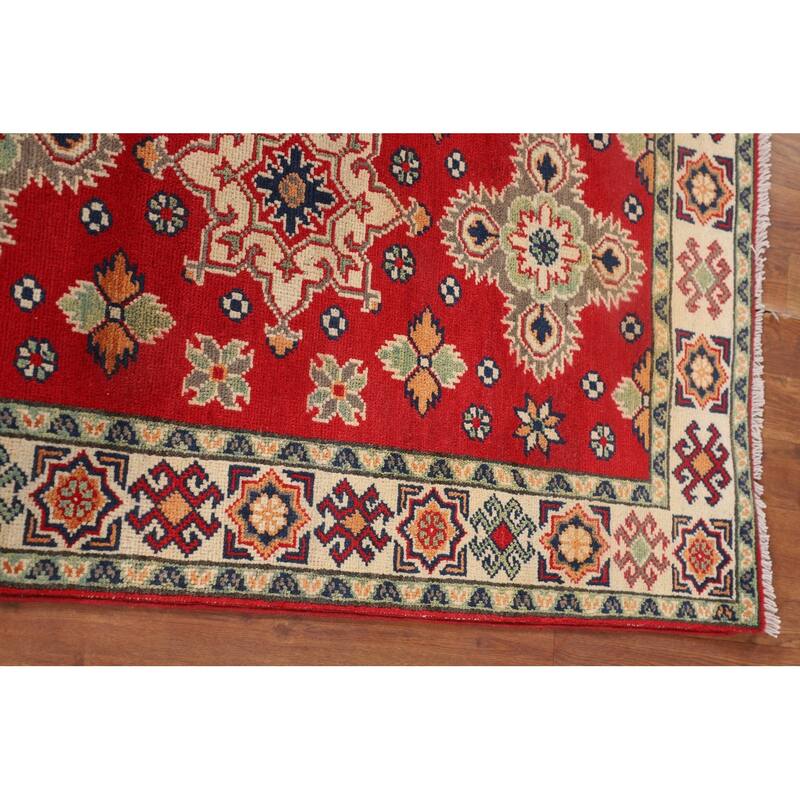 Kazak Accent Rug Hand-Knotted Geometric Red Wool Carpet - 2'10" x 4'1"