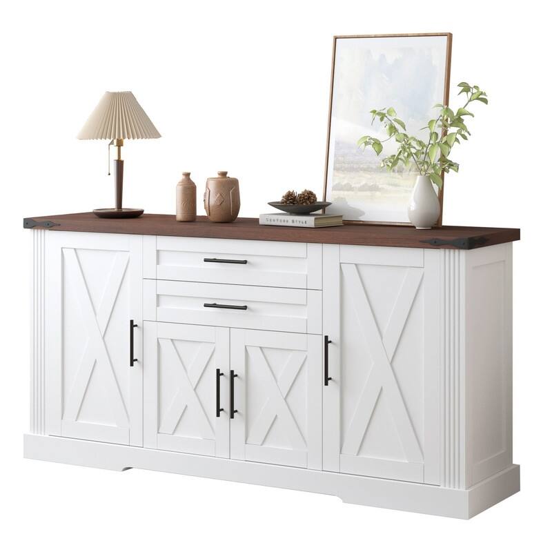 63" Farmhouse Buffet Cabinet with Storage Barn Door and Drawers for Kitchen or Dining Room Use