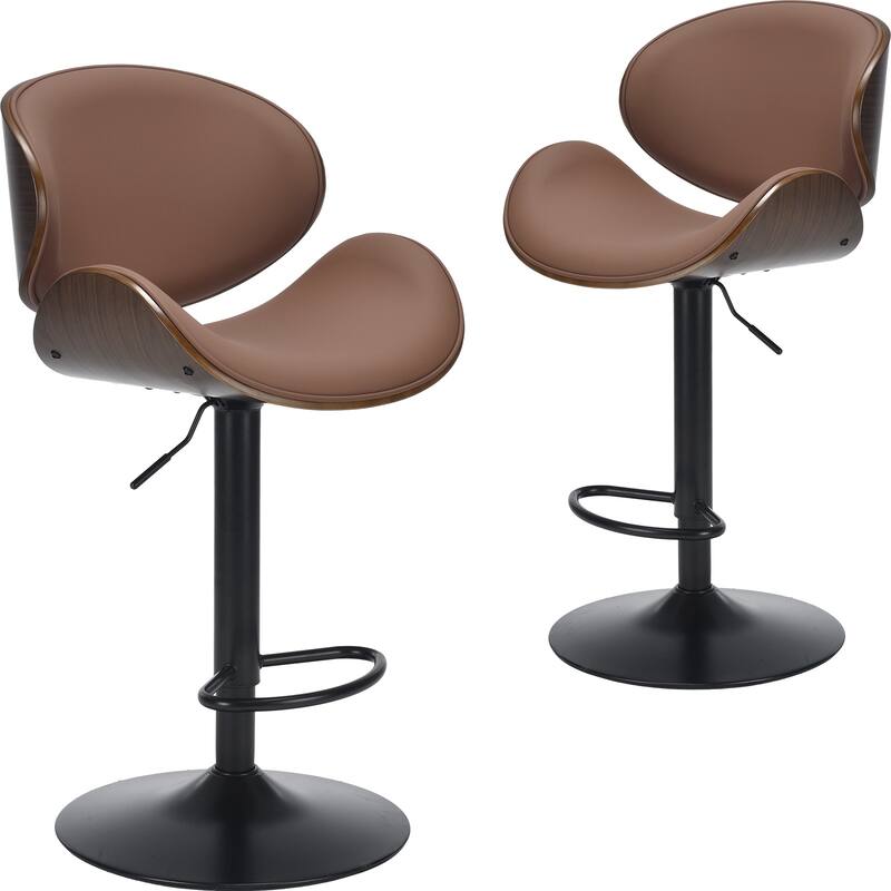 Swivel Bar Stools Set of 2, Adjustable Height Bentwood Barstools with PU Leather Upholstered Seat, Backrest and Footrest