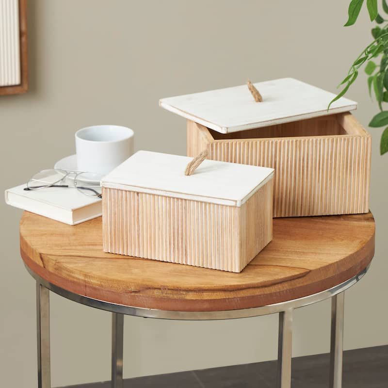 Brown or Cream Wooden Box with White Washed Wood Lids (Set of 2)