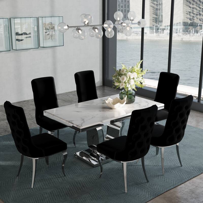Glam Silver Dining Table Set with 64 inch Dining Table and Black Button Tufted Velvet Dining Chairs