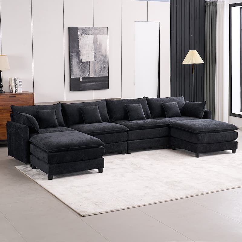 4 Seat U-Shaped Modern Chenille Sectional Sofa Sleeper (Black)
