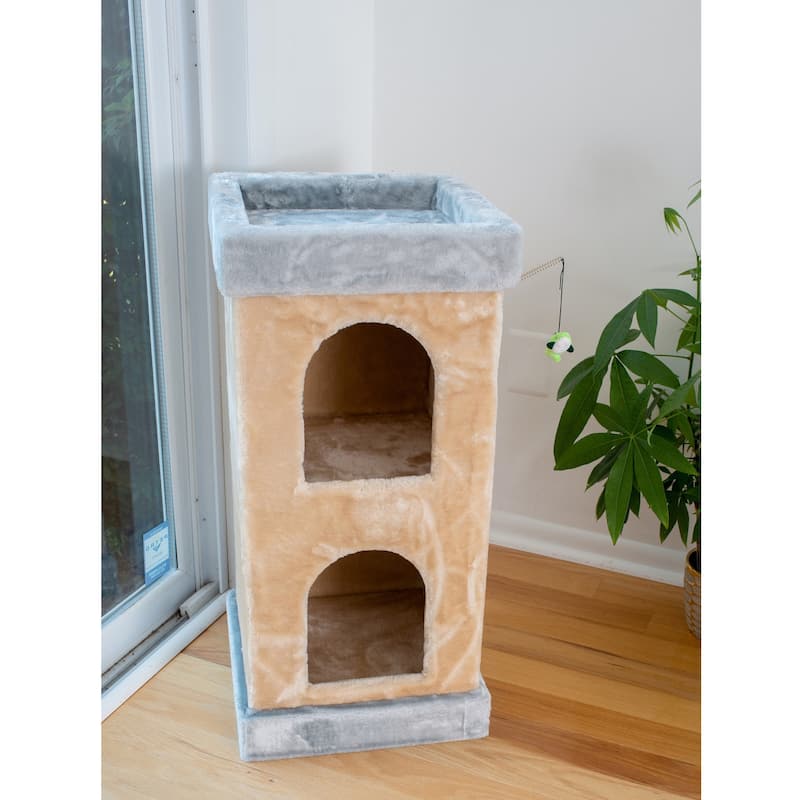 Double Condo Real Wood Cat House With Scratching Carpet For Cats - Beige