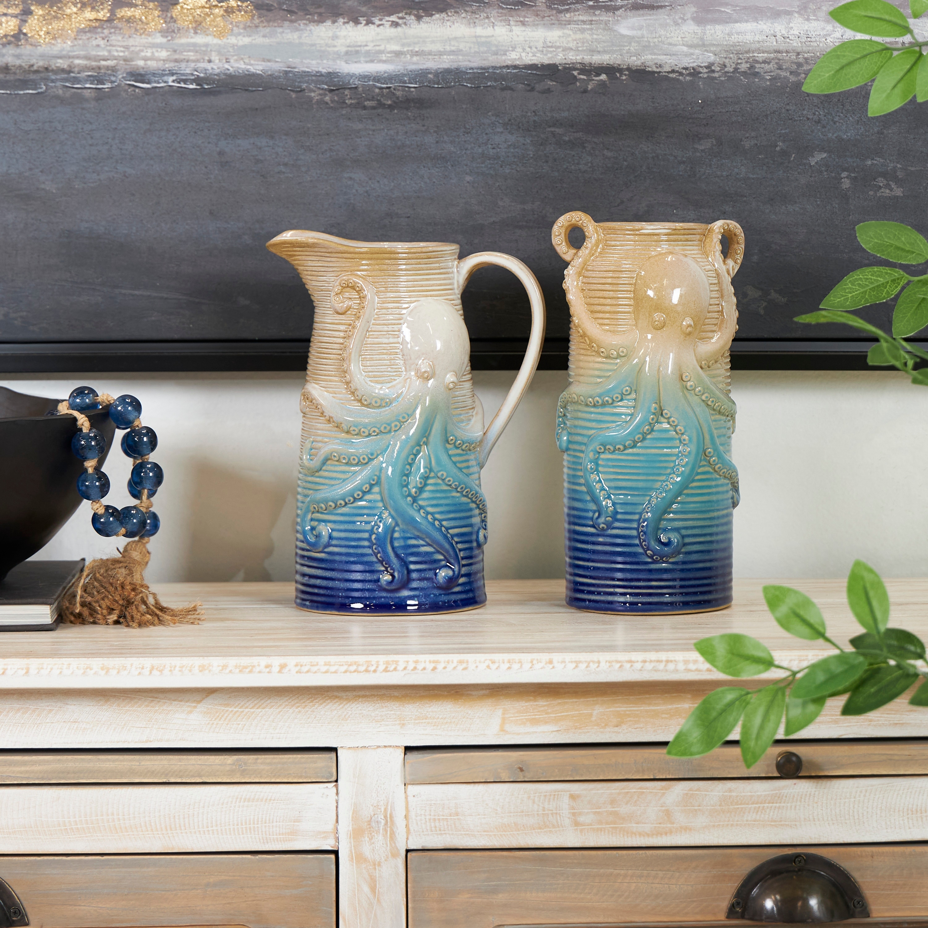 Blue Ceramic Dimensional Ribbed Ombre Octopus Decorative Vase (Set of 2)