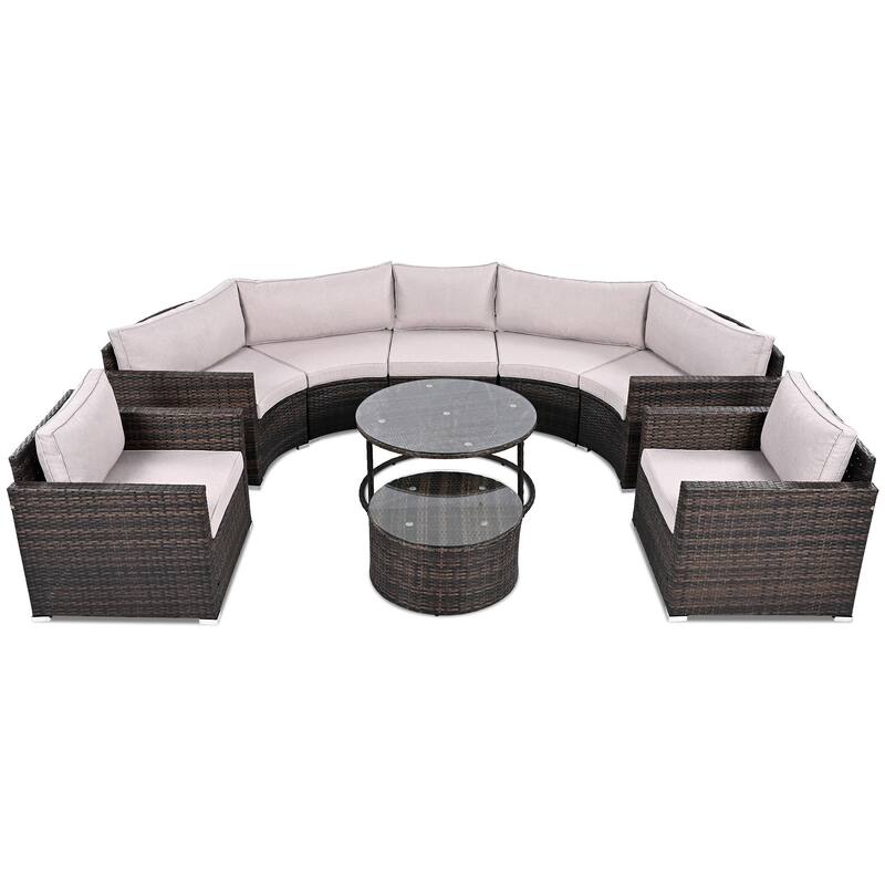 9-Piece Half-Moon Wicker Patio Sofa Set with Cushions and Two Round Coffee Tables