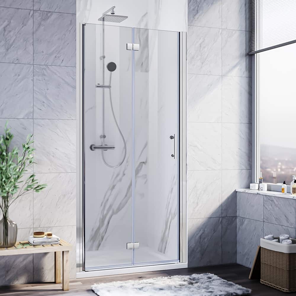 Elegant Bi-Fold Frameless Pivot Swing Shower Door Enclosure with Clear Glass Panel and Hardware Kit Reversible Installation