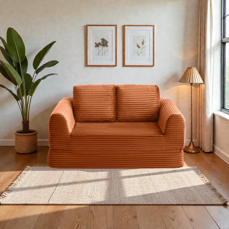 2 in 1 Folding Sofa Bed Loveseat, Corduroy Convertible Sleeper Couch with Pillows, Boneless Floor Futon - Orange
