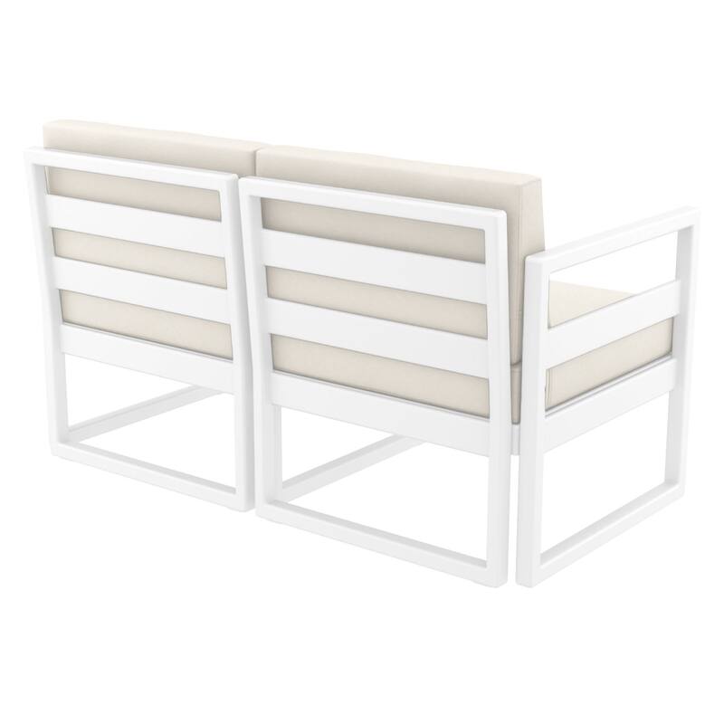 55" White Outdoor Patio Loveseat with Sunbrella Natural Beige Cushion