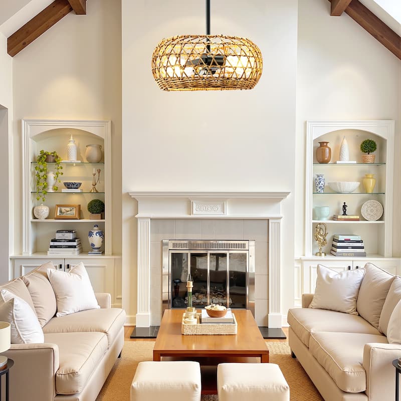 2-Light Boho Hand Woven Rattan Chandeliers Pendant Light