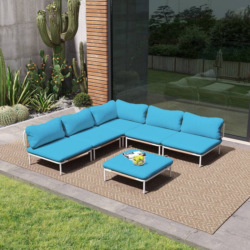 Outdoor Cushioned Sectional Sofa Chat Set Patio Furniture Conversation Set, Free Combination - 6-piece seats - Blue,6 pcs seats & 6arms
