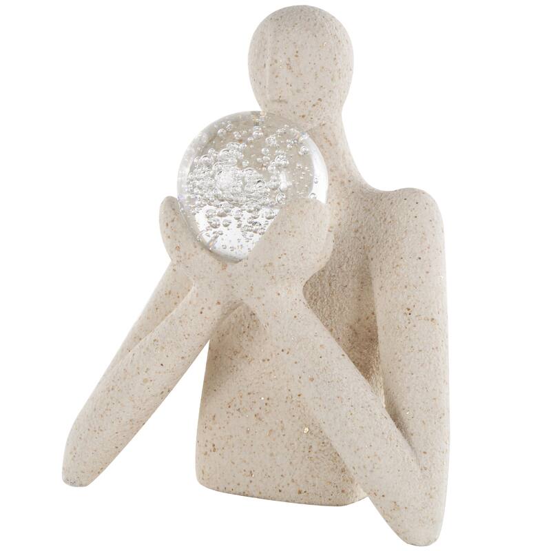 Polystone People Abstract Textured Decorative Sculpture with Clear Glass Ball and Gold Speckles - Cream - Roche River Decor