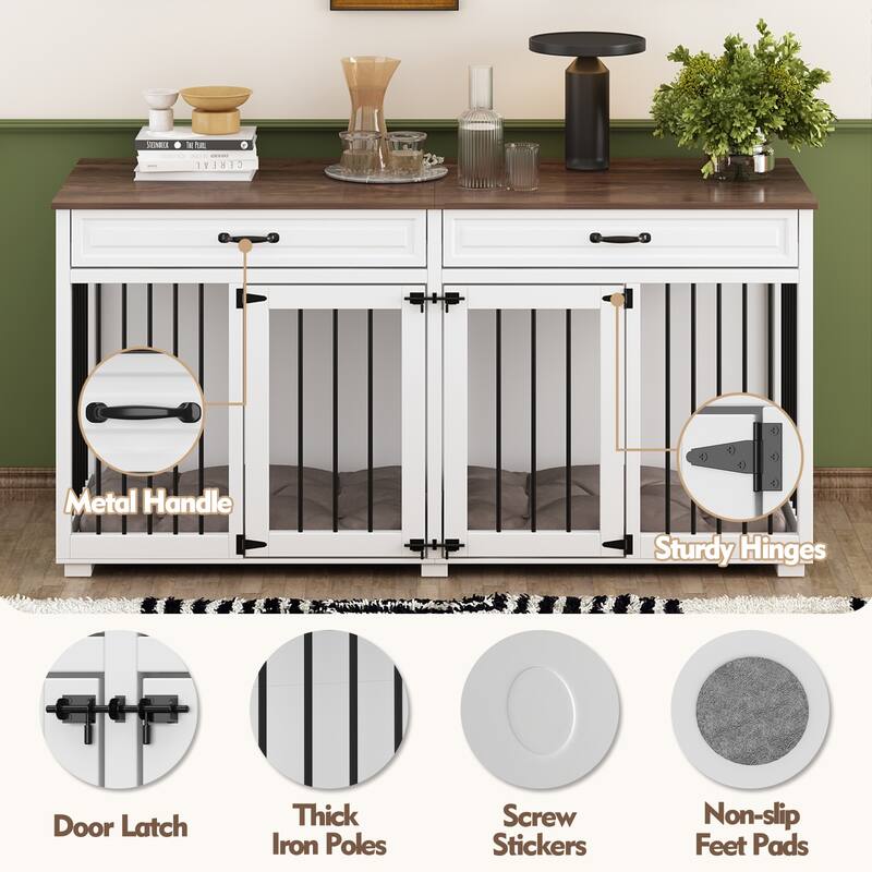 Elegant White Dog Crate with Dual Compartments and Storage Drawers