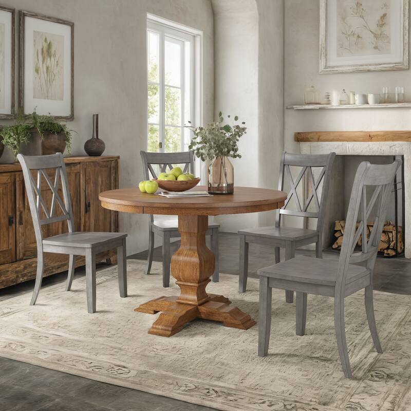 Ronda 45" Round Solid Wood Top Dining Set with X-Back Chairs - Oak Table - Antique Grey Chairs
