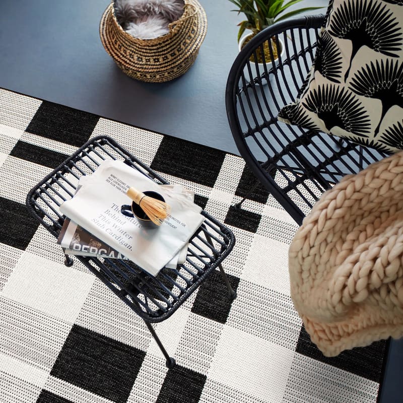 Contemporary Plaid Indoor/Outdoor Flatweave Waterproof Backyard Patio Area Rug
