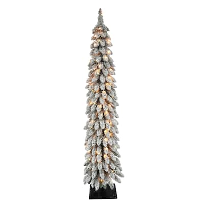 5' Flocked Pencil Alpine Artificial Christmas Tree, Clear Lights - 5 Foot
