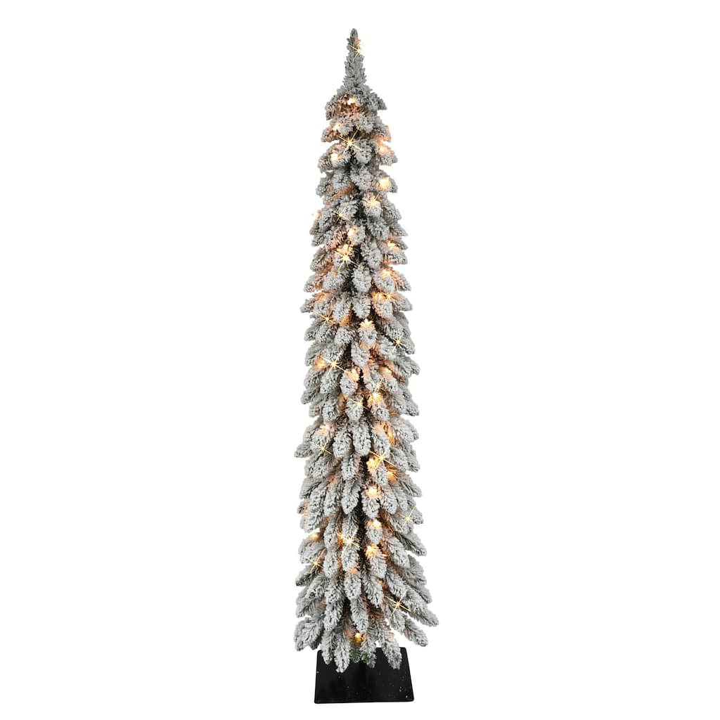 5' Flocked Pencil Alpine Artificial Christmas Tree, Clear Lights - 5 Foot