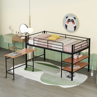 Twin Size Platform Bed with Rolling Desk and Bookshelf, Metal Loft Bed Frame with Full-Length Guardrails and Ladder