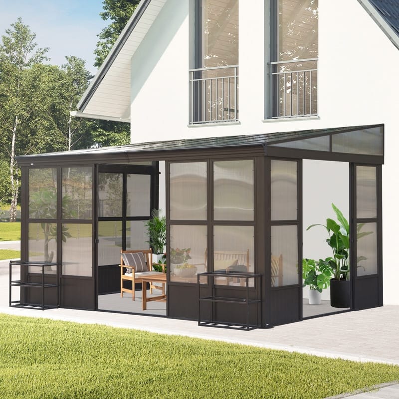 Domi Wall-Mounted Sunroom with Sloped PC Roof and Lockable Sliding Doors - 10x14FT
