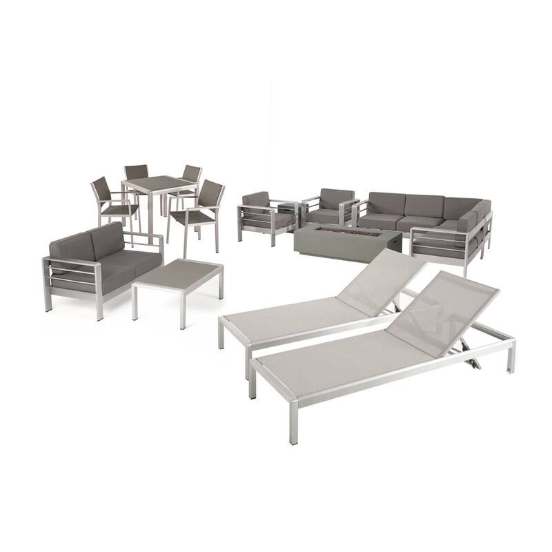 Cape Coral Outdoor 16 Piece Aluminum Estate Collection with Cushions and Fire Pit by Christopher Knight Home - Silver + Gray + Khaki + Light Gray