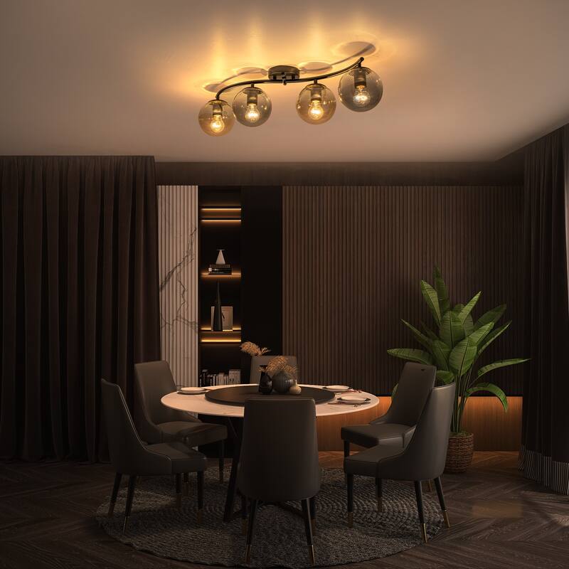 4 Lights Linear Metal Flush Mount Ceiling Light with Smoky and Amber Glass Globes - Dia.31.89-in