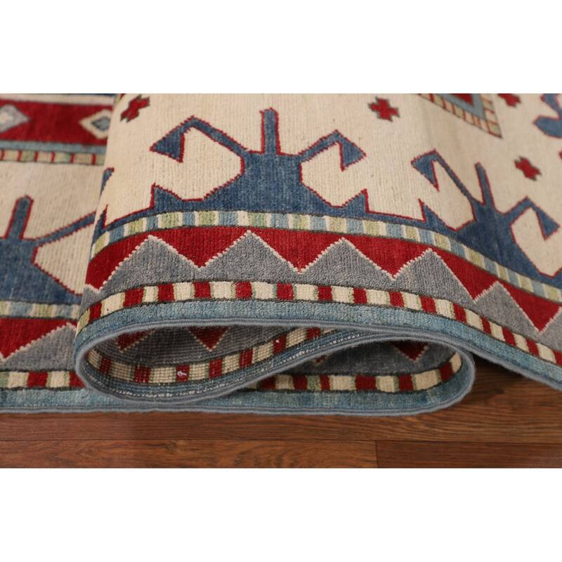 Light Blue Geometric Kazak Area Rug Living Room Handmade Wool Carpet - 6'4" x 9'10"