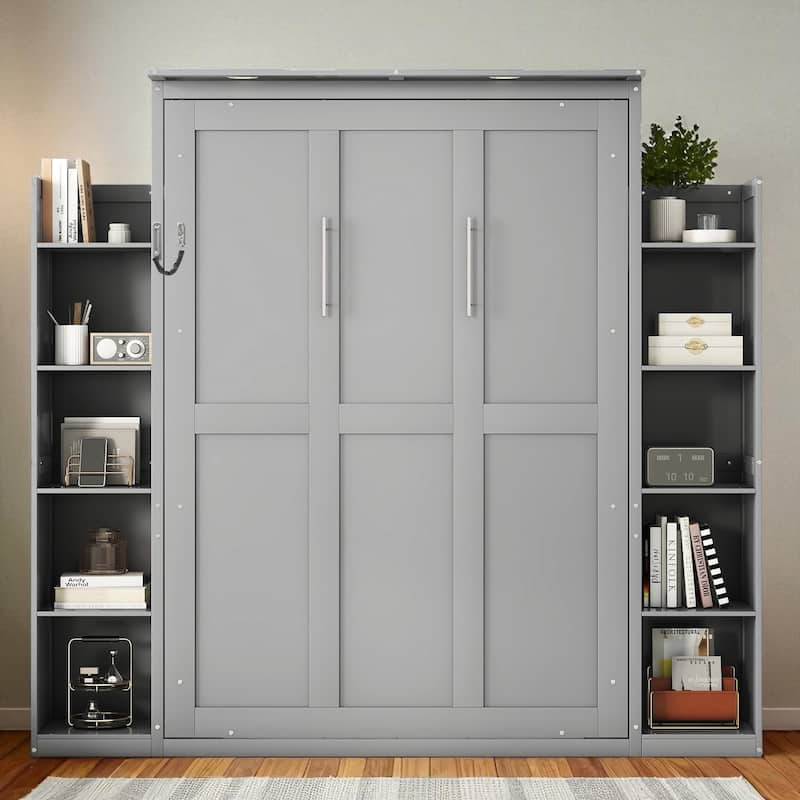 Full/Queen Murphy Wall Bed with Shelves & LED, Dual-Piston, 8 in Mattress, 600 lb Capacity, Space-Saving - Grey - Full