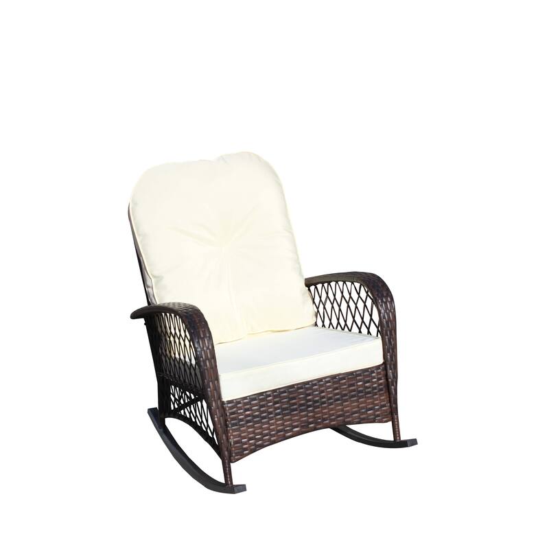 Outdoor Wicker Rocking Chair with Wide Seat, Thick, Soft Cushion, Rattan Rocker w/Steel Frame, High Weight Capacity