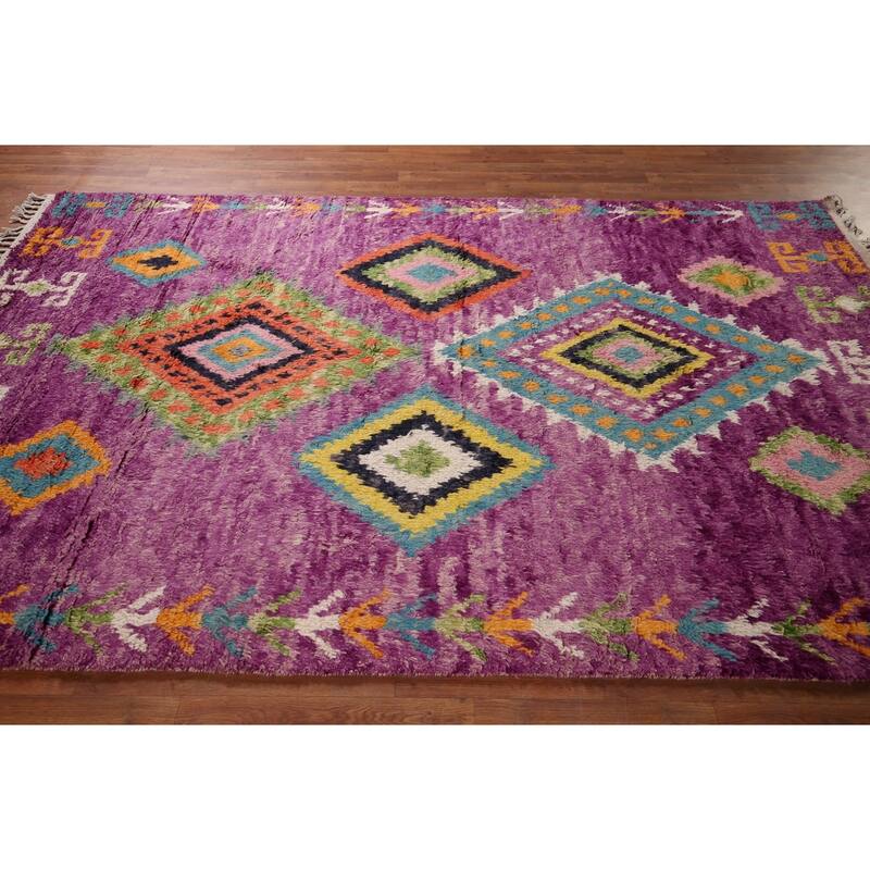 Purple Geometric Plush Moroccan Area Rug Hand-Knotted Wool Carpet - 6'0" x 9'7"