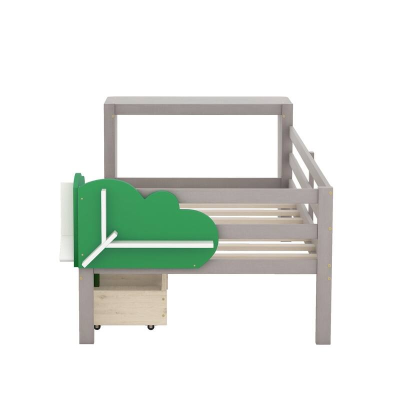 Twin Size Daybed with Desk, Platform Bed with Green Leaf Shape Drawers