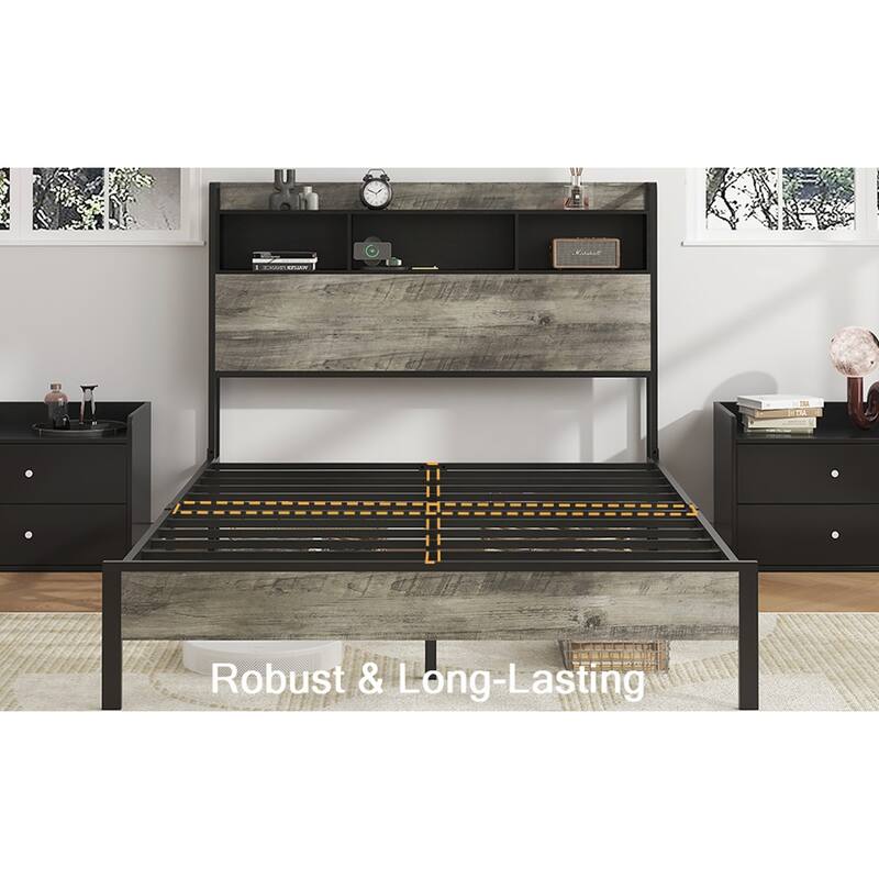 Single Bed Frame with Storage Headboard and Charging Station