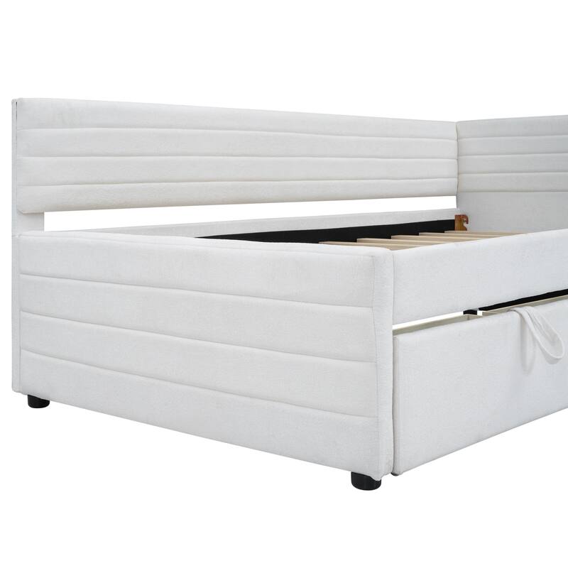 Twin Size Upholstered Daybed with Roll-Out Trundle, Space-Saving Wooden Frame, No Box Spring Needed