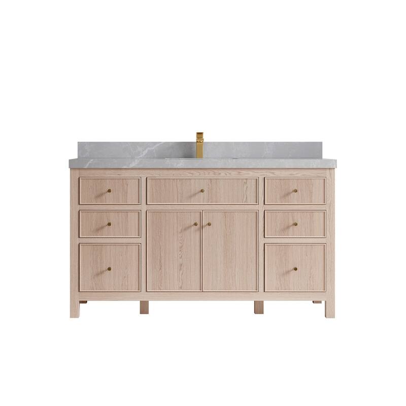 Willow Collections 60 x 22 Sonoma White Oak Wood Single Sink Bathroom Vanity with Quartz or Marble Countertop - 2"Pearl Gray - White Oak