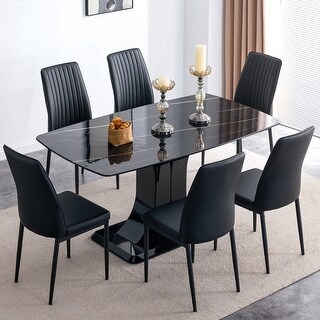 7-Piece Sets Faux Marble Dining Table Set with MDF Base and 6 PU Chairs ...