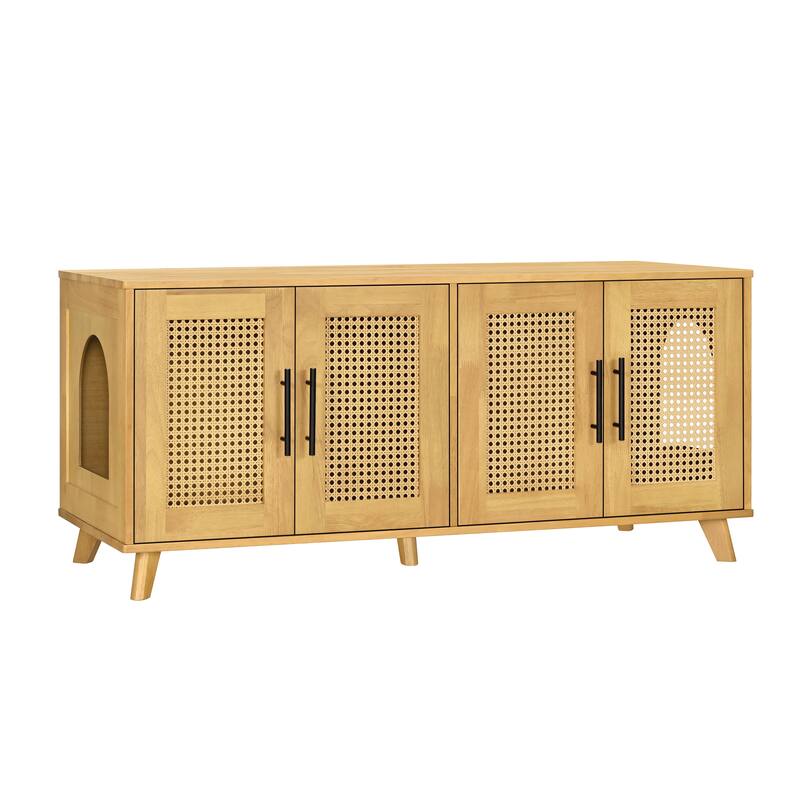 Christopher Knight Home - 47"W Rubber Wood Cat Cabinet with Rattan Doors & Cushion
