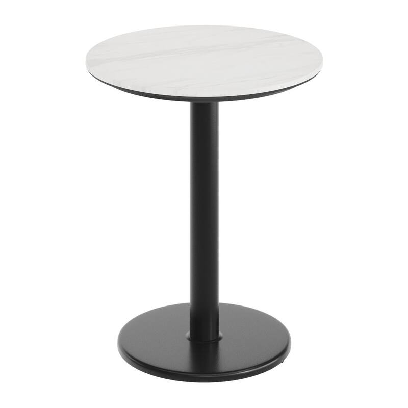 Commercial HPL Tabletop with Table Height Round Base - White Faux Marble/Black Base - 23.5"W x 23.5"D x 29.5"H