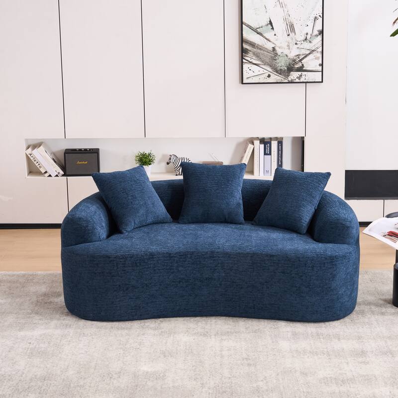 Chenille Deep Seat Loveseat Sofa, Full Compression Sponge Curved Loveseat Sofa, Cloud Floor Couch with 3 Pillows